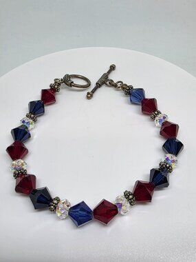 Patriotic Red White Blue Crystal Bead Bracelet Sterling Silver Toggle Clasp